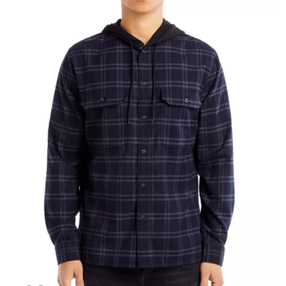 Vince Redwood Plaid Hooded Button Down Shirt XL Navy Purple Regular Fit